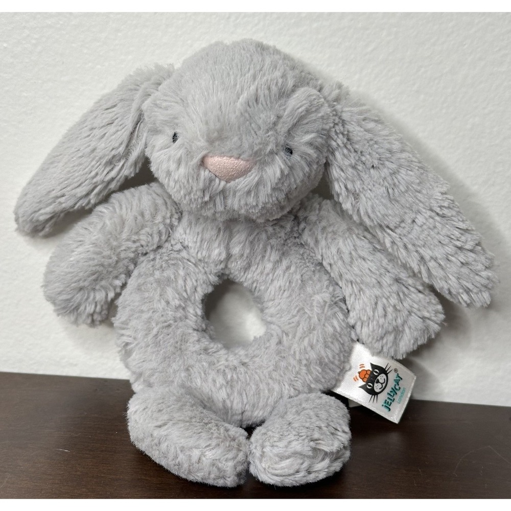 Bashful Bunny Ring Rattle Jellycat Silver Gray Baby Infant Newborn Grabber Plush